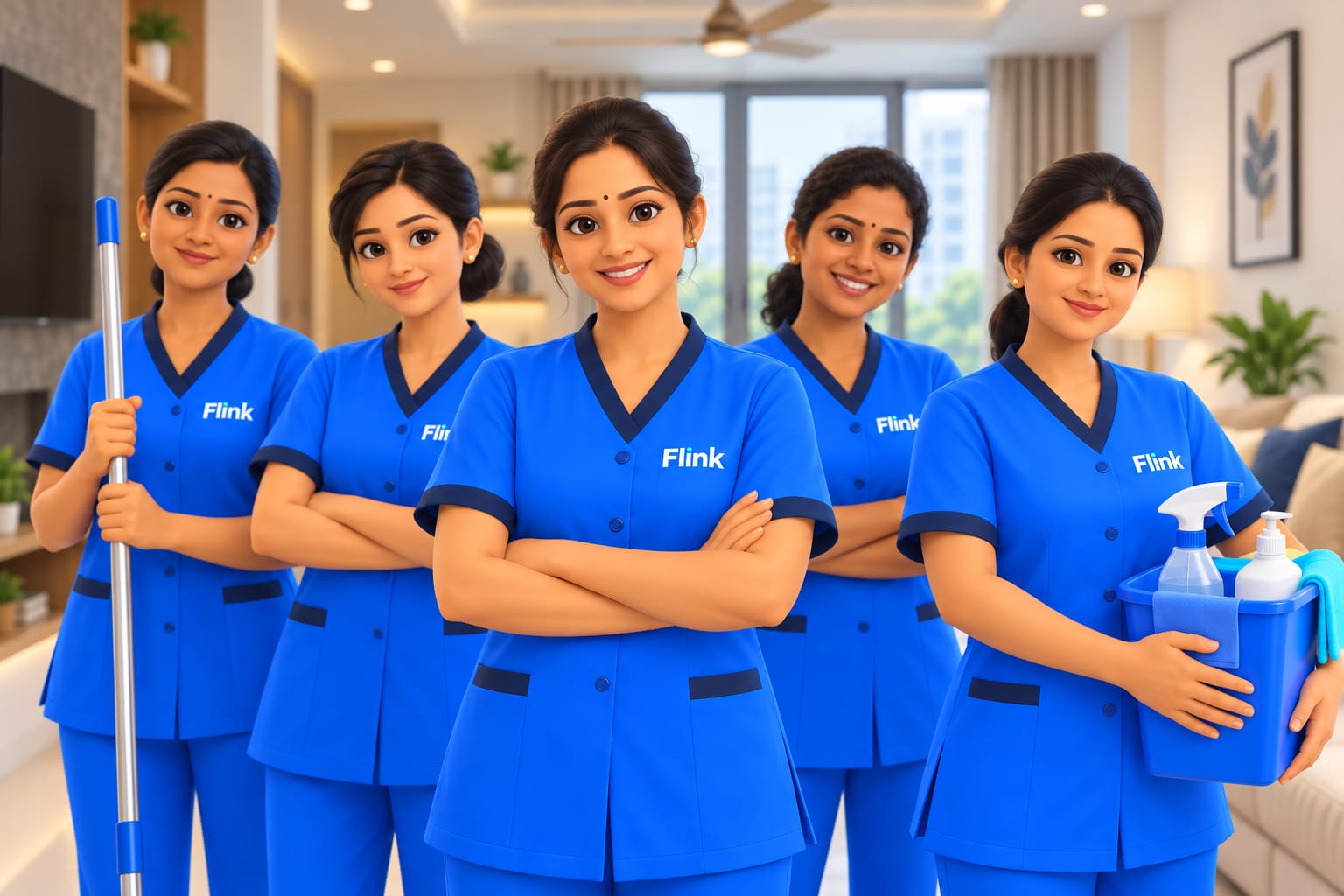 Flink home experts in blue uniforms ready for a booking